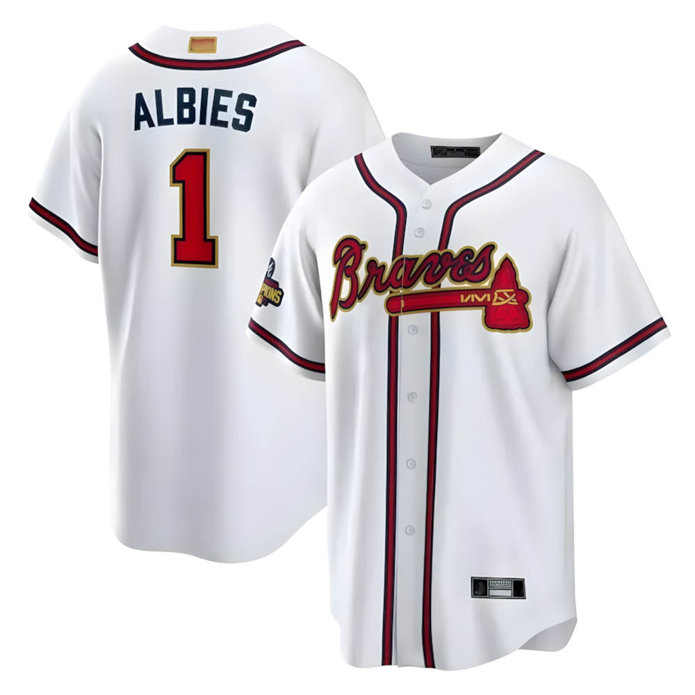Choea A.Braves #1 Ozzie Albies Player White World Series Gold Program Stitched Jerseys