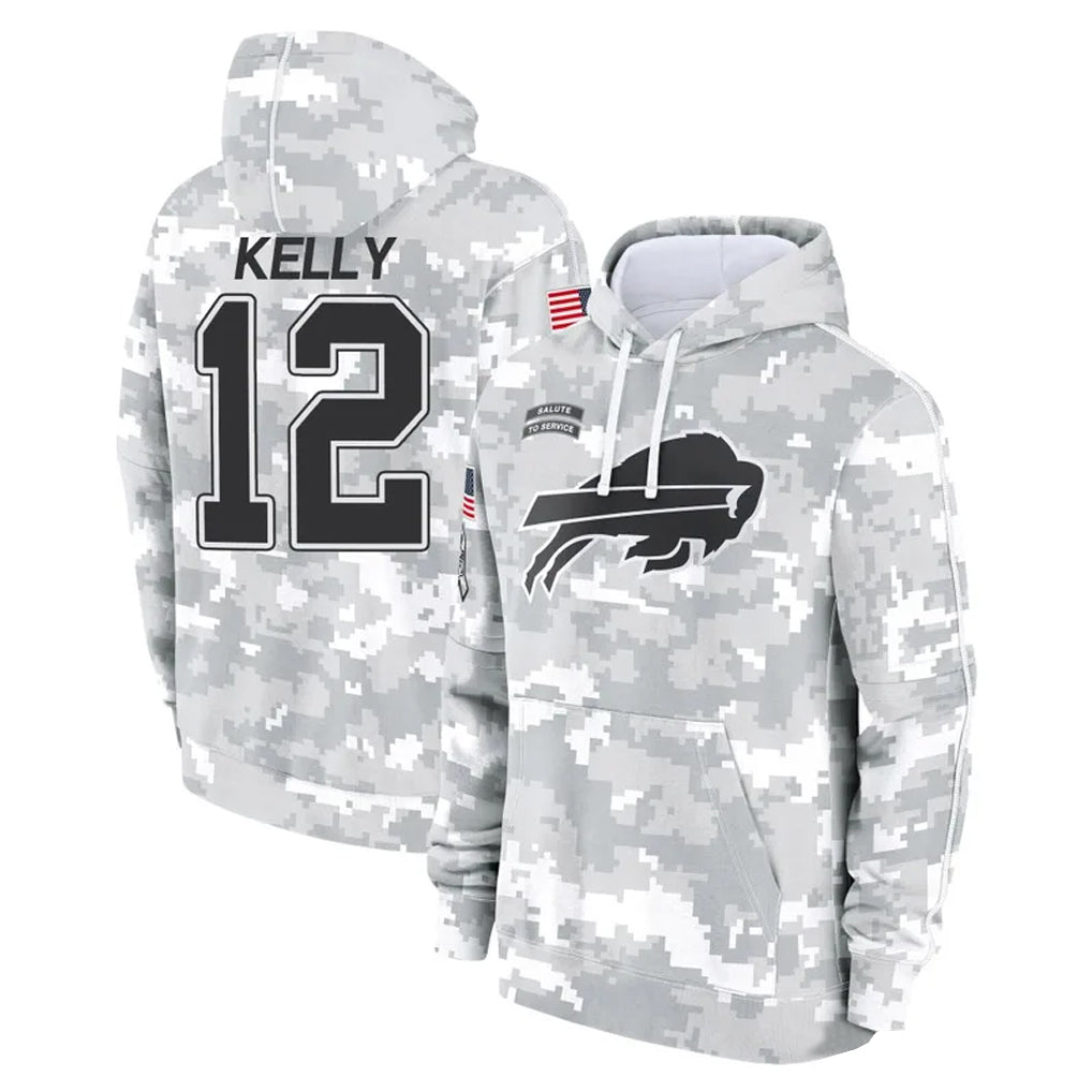 Choea B.Bills #12 Jim Kelly Player Arctic Camo Salute to Service Hoodies Limited Stitched Jerseys