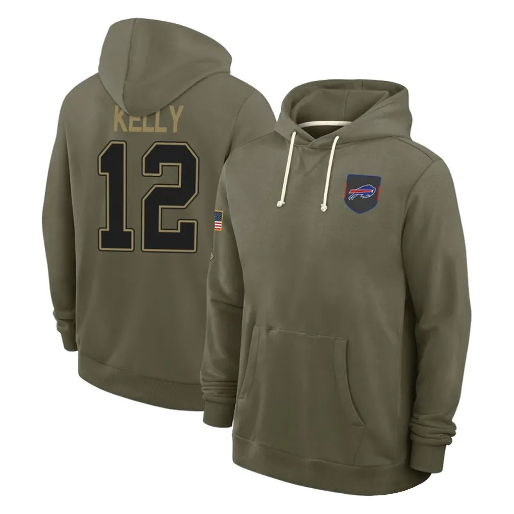 Choea B.Bills #12 Jim Kelly Player Olive Salute to Service Hoodies Stitched Jerseys