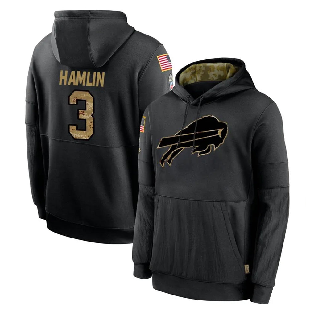 Choea B.Bills #3 Damar Hamlin Player Black Salute to Service Hoodies Stitched Jersey