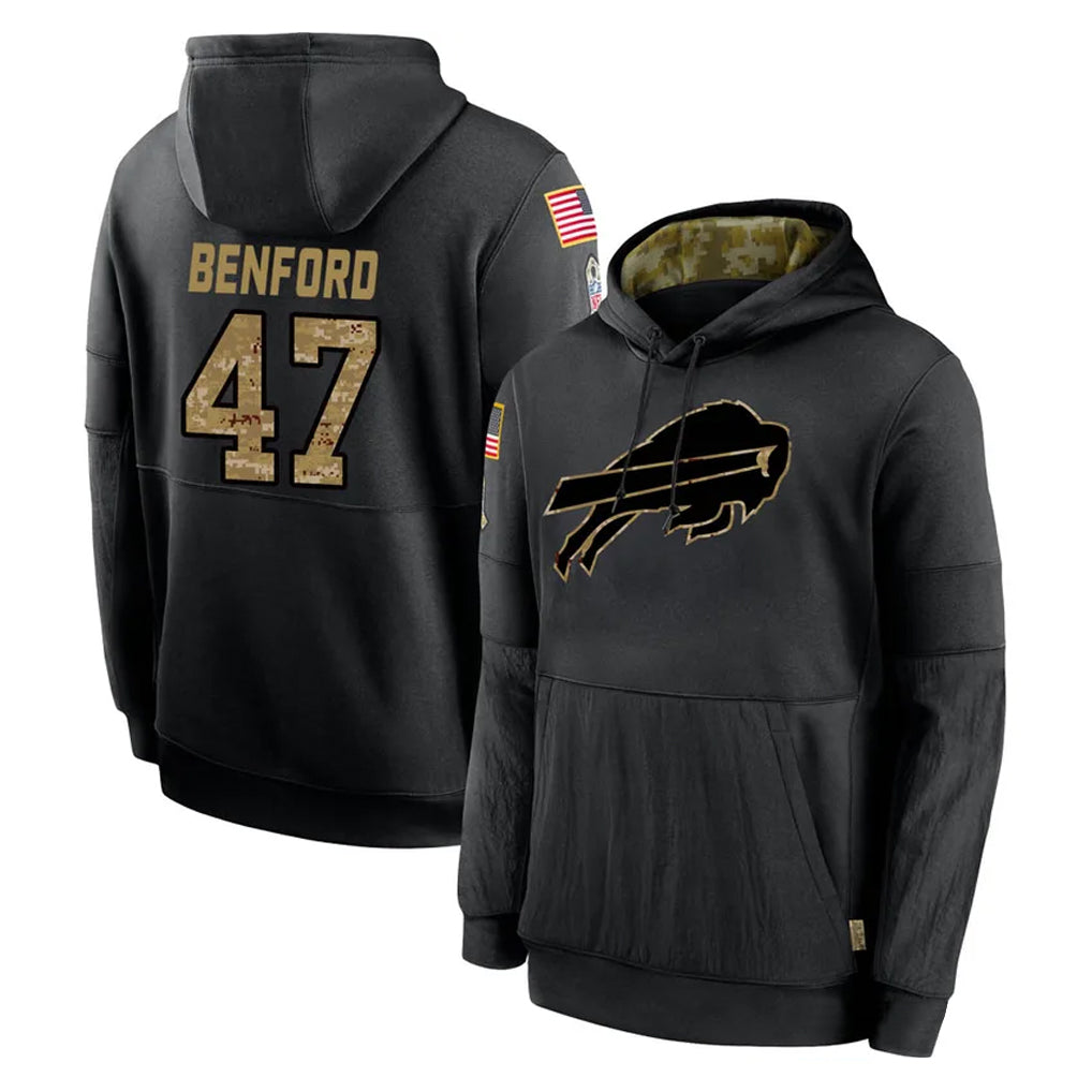 Choea B.Bills #47 Christian Benford Player Black Salute to Service Hoodies Hame Stitched Jerseys
