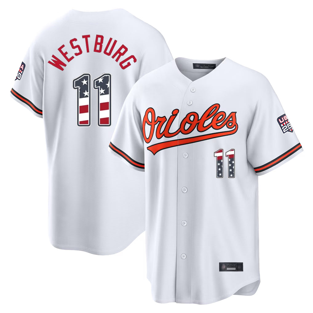 Choea B.Orioles #11 Jordan Westburg Player White USA 250 Fourth of July Home Game Stitched Jerseys