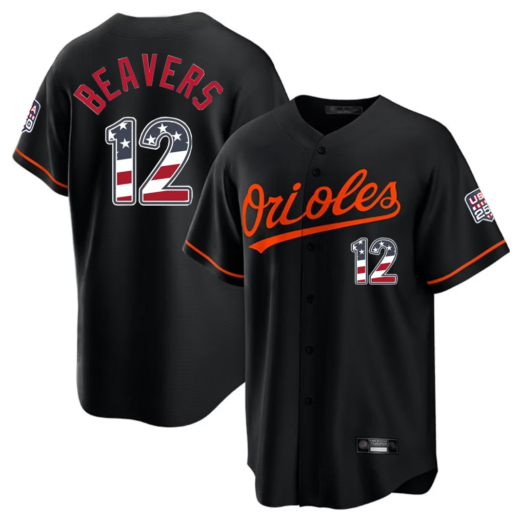 Choea B.Orioles #12 Dylan Beavers Player Black USA 250 Fourth of July Home Game Stitched Jerseys
