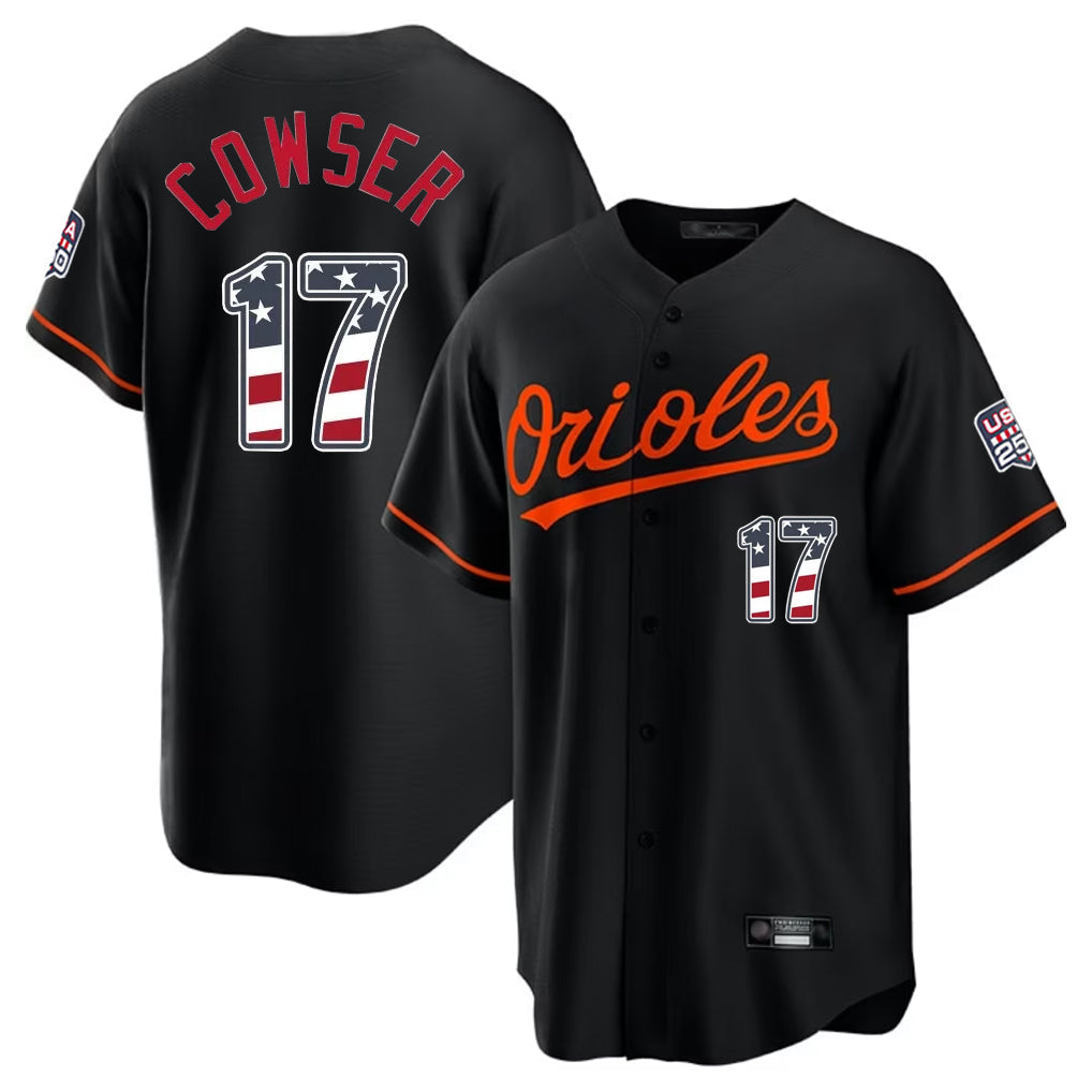Choea B.Orioles #17 Colton Cowser Player Black USA 250 Fourth of July Home Game Stitched Jerseys