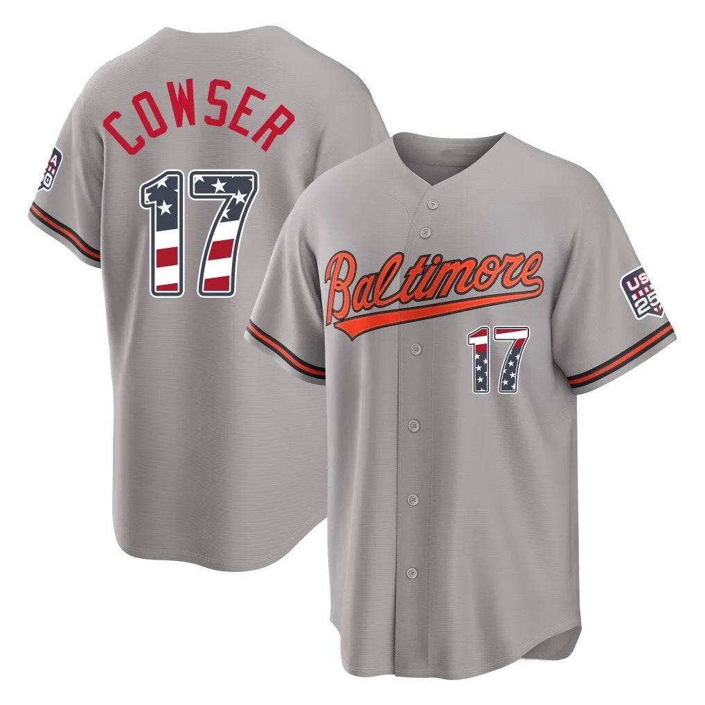 Choea B.Orioles #17 Colton Cowser Player Gray USA 250 Fourth of July Home Game Stitched Jerseys