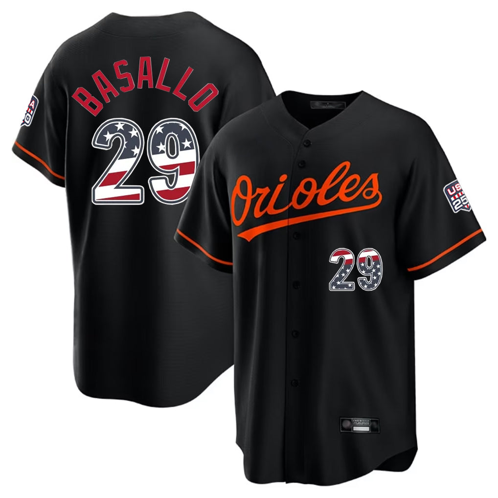 Choea B.Orioles #29 Samuel Basallo Player Black USA 250 Fourth of July Home Game Stitched Jerseys