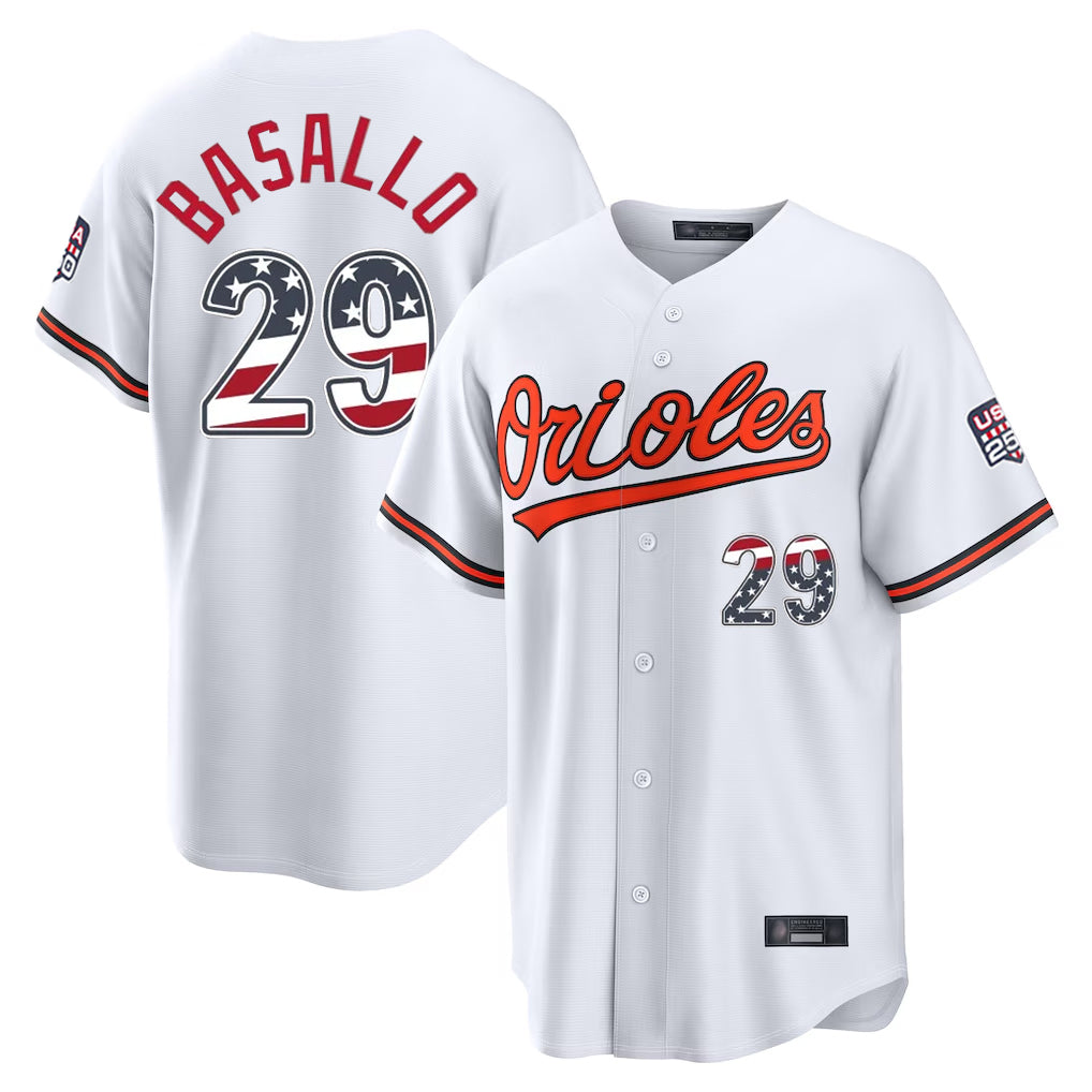 Choea B.Orioles #29 Samuel Basallo Player White USA 250 Fourth of July Home Game Stitched Jerseys