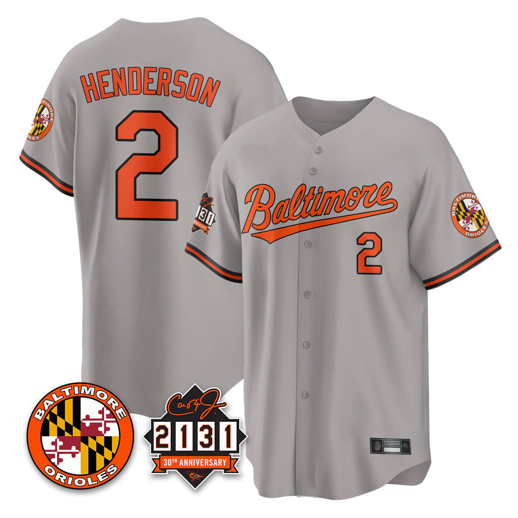 Choea B.Orioles #2 Gunnar Henderson Player Gray 30th Anniversary of 2131 Home Game Stitched Jerseys