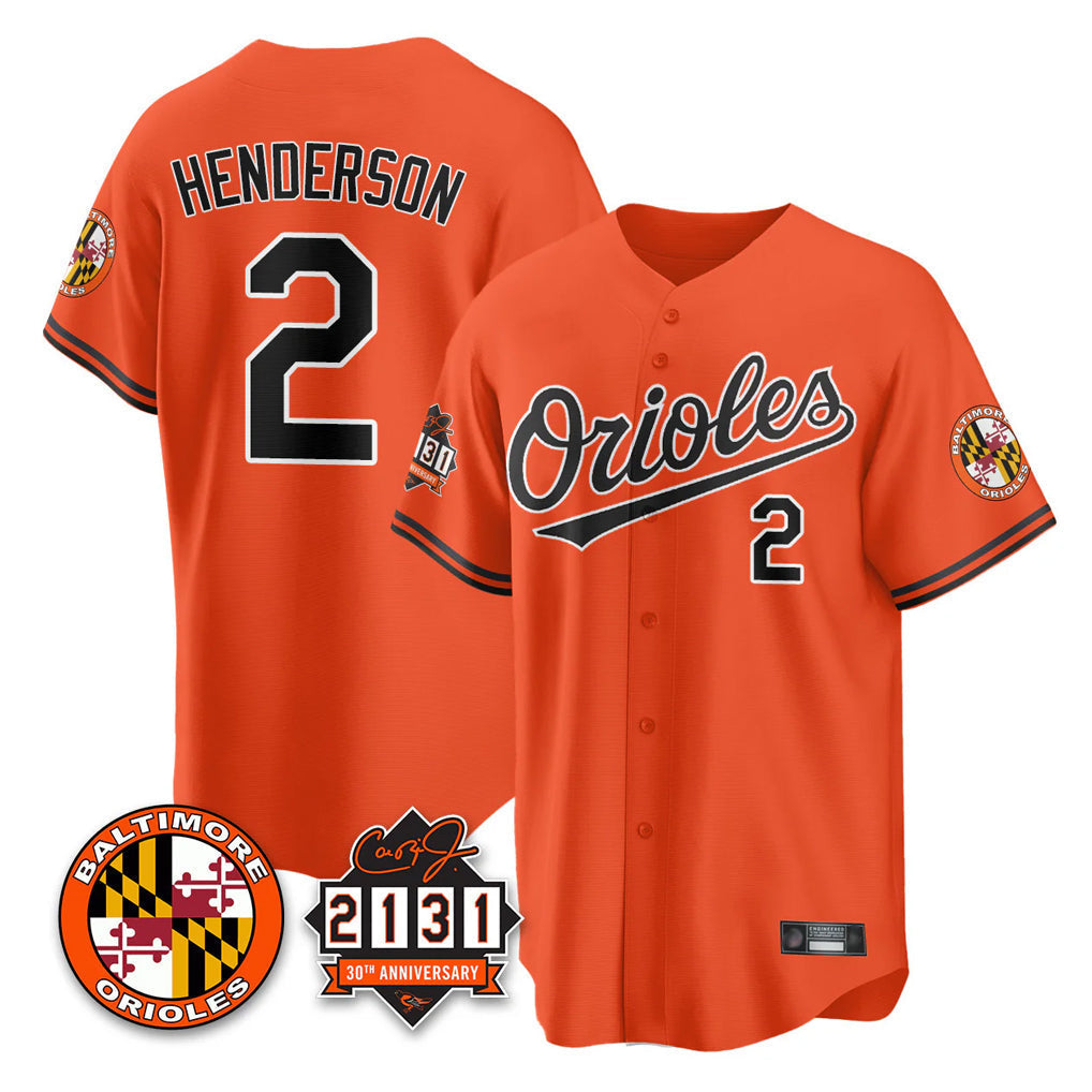 Choea B.Orioles #2 Gunnar Henderson Player Orange 30th Anniversary of 2131 Home Game Stitched Jerseys