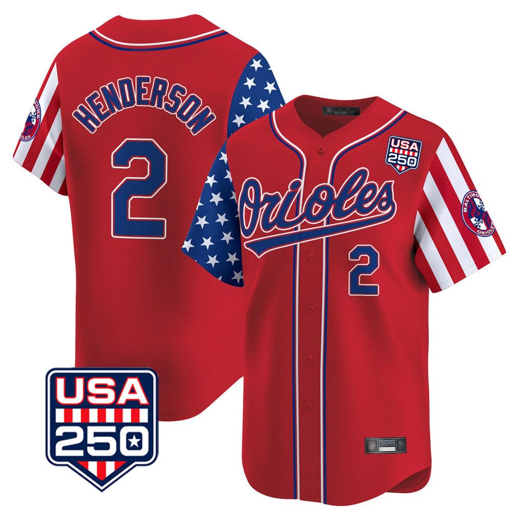 Choea B.Orioles #2 Gunnar Henderson Player Red USA 250 Independence Day Vapor Premier Limited Home Game Stitched Jerseys