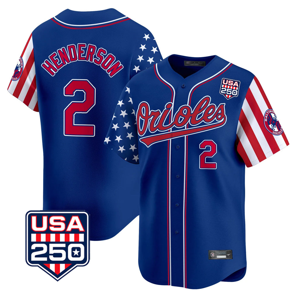 Choea B.Orioles #2 Gunnar Henderson Player Royal USA 250 Independence Day Vapor Premier Limited Home Game Stitched Jerseys