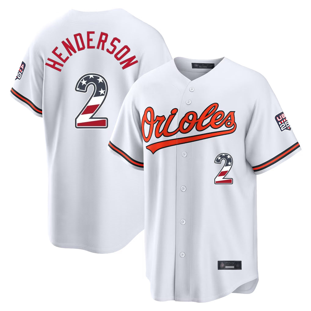 Choea B.Orioles #2 Gunnar Henderson Player White USA 250 Fourth of July Home Game Stitched Jerseys