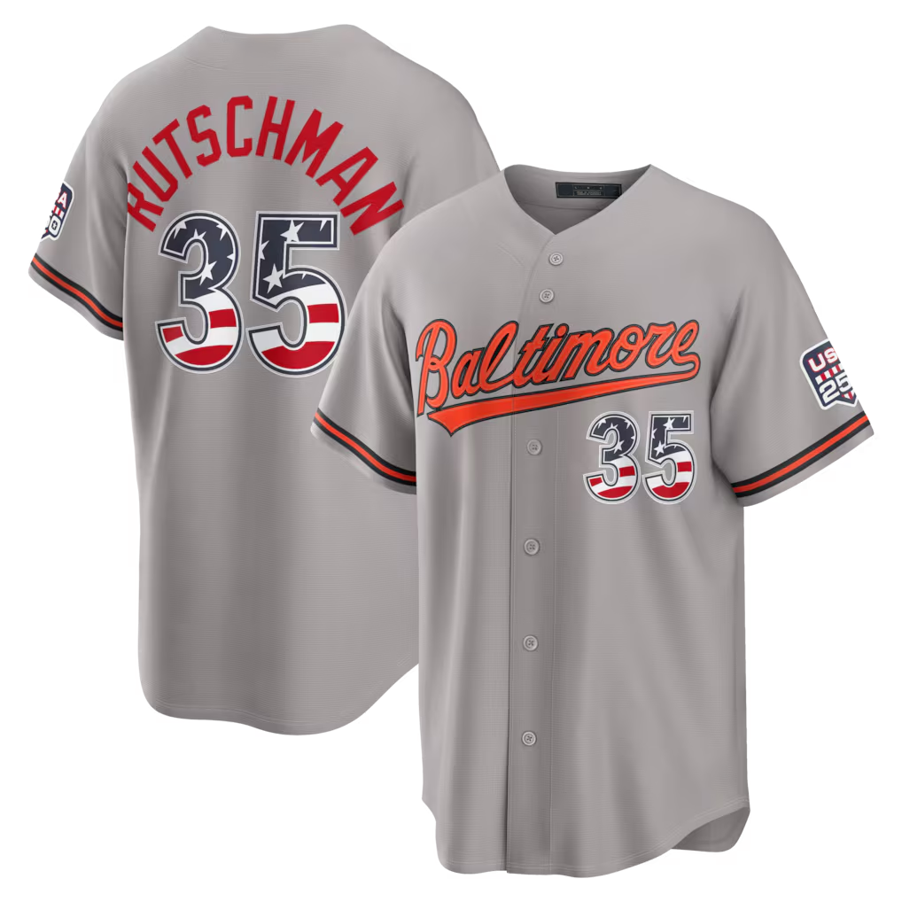 Choea B.Orioles #35 Adley Rutschman Gray USA 250 Fourth of July Road Stadium Jersey