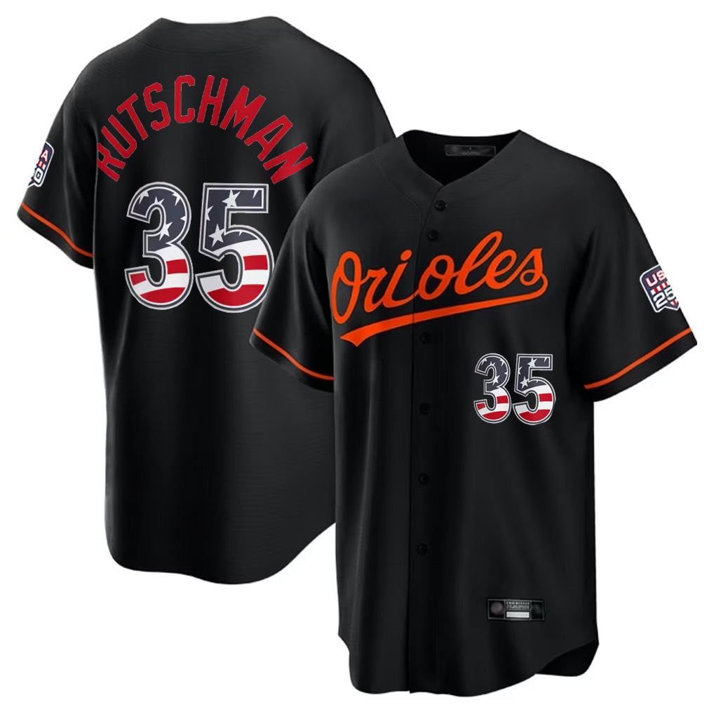 Choea B.Orioles #35 Adley Rutschman Player Black USA 250 Fourth of July Home Game Stitched Jerseys