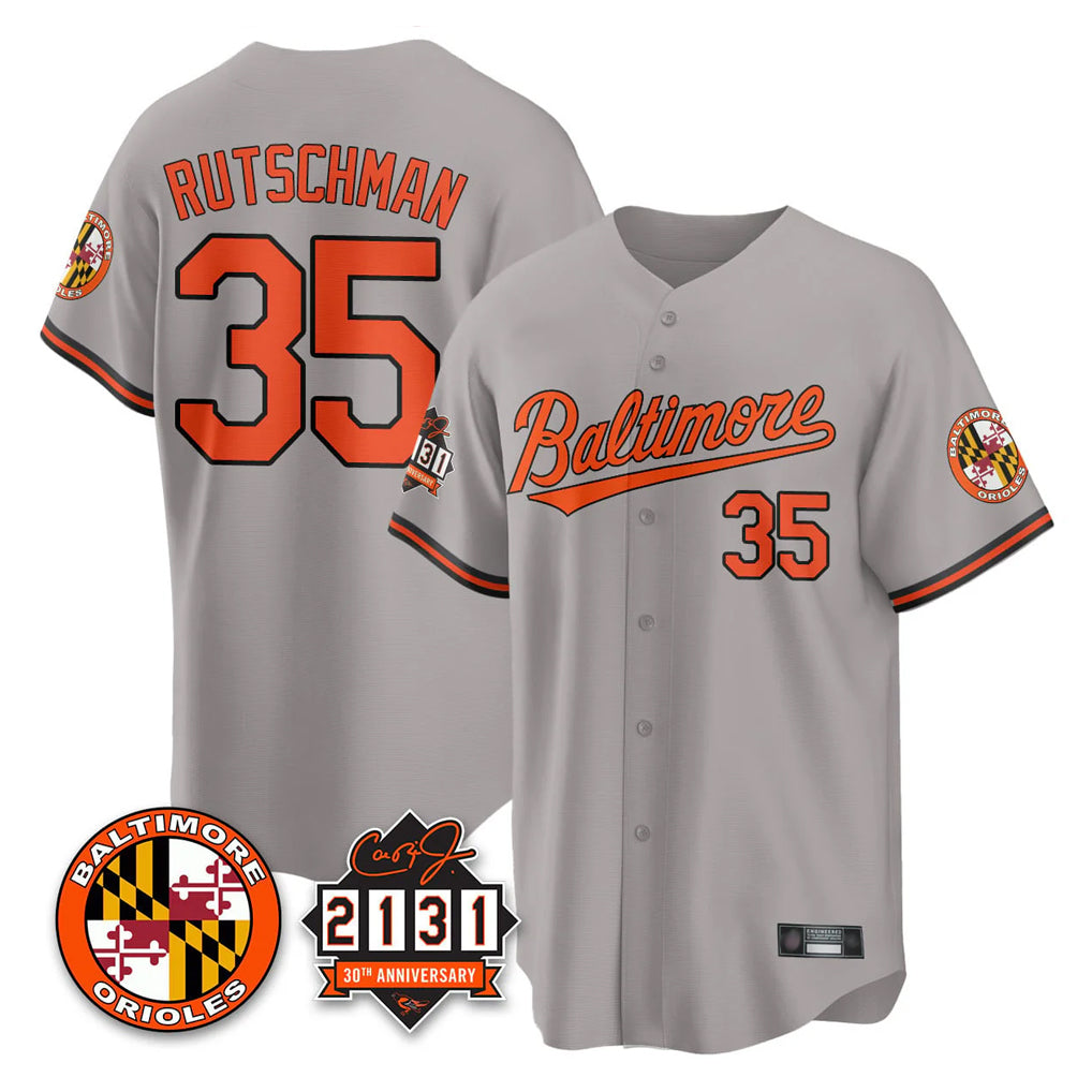 Choea B.Orioles #35 Adley Rutschman Player Gray 30th Anniversary of 2131 Home Game Stitched Jerseys