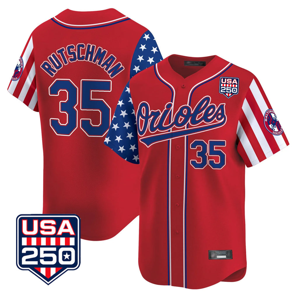 Choea B.Orioles #35 Adley Rutschman Player Red USA 250 Independence Day Vapor Premier Limited Home Game Stitched Jerseys