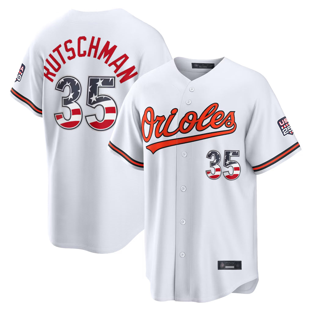 Choea B.Orioles #35 Adley Rutschman Player White USA 250 Fourth of July Home Game Stitched Jerseys