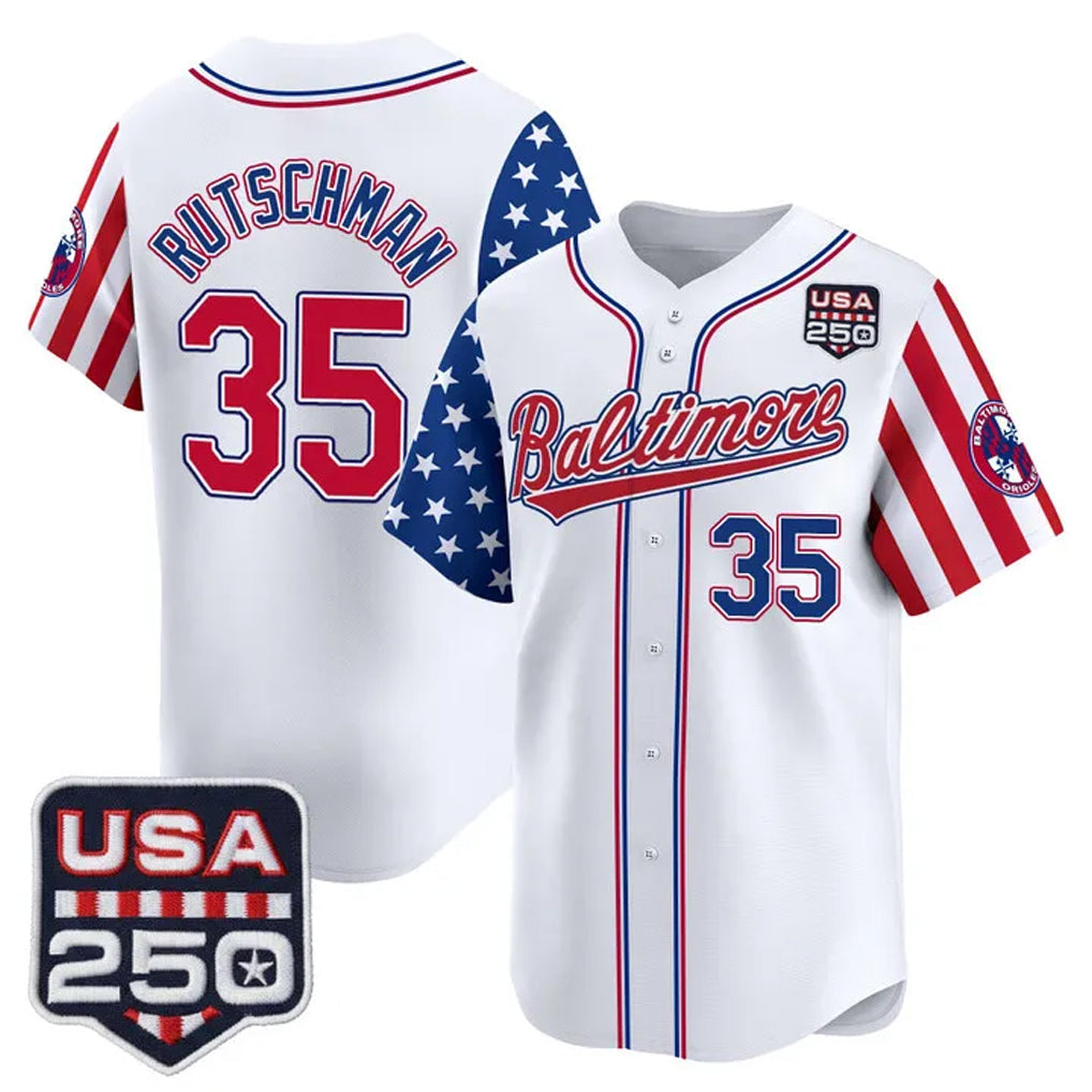 Choea B.Orioles #35 Adley Rutschman White USA 250 Independence Day Vapor Premier Limited Home Game Stitched Jerseys