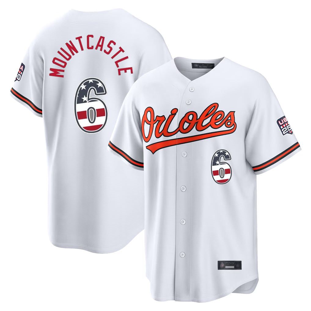 Choea B.Orioles #6 Ryan Mountcastle Player White USA 250 Fourth of July Home Game Stitched Jerseys