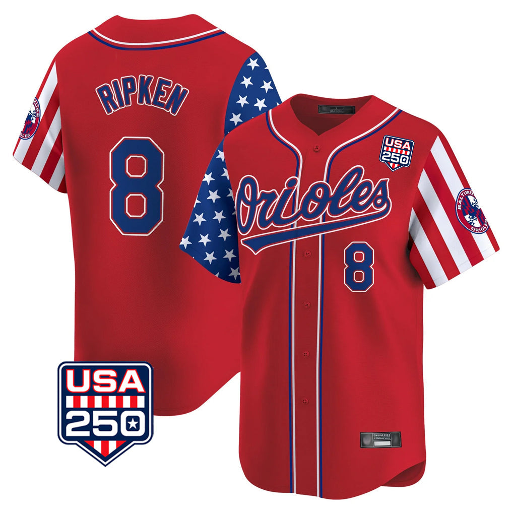 Choea B.Orioles #8 Cal Ripken Player Red USA 250 Independence Day Vapor Premier Limited Home Game Stitched Jerseys