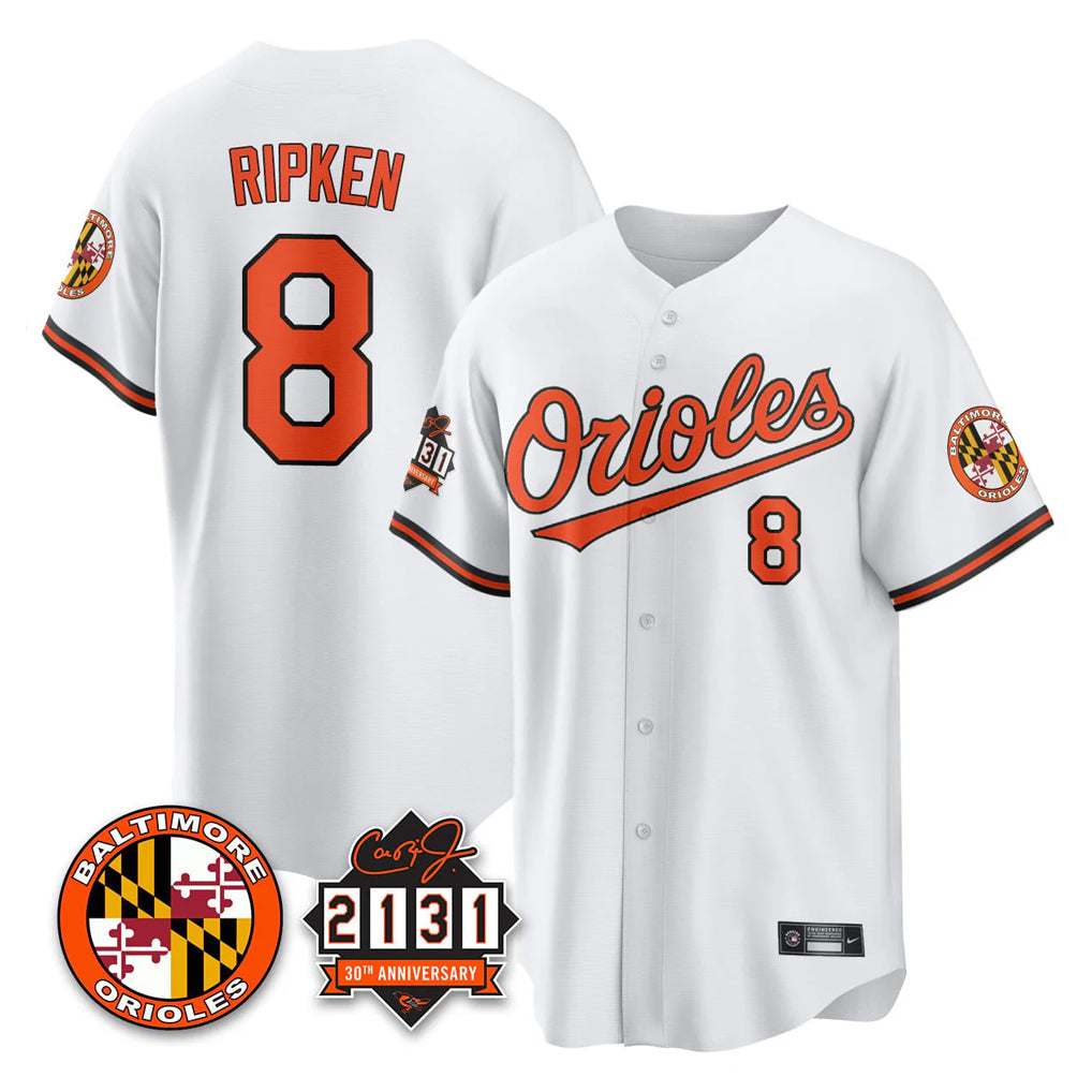 Choea B.Orioles #8 Cal Ripken Player White 30th Anniversary of 2131 Home Game Stitched Jerseys