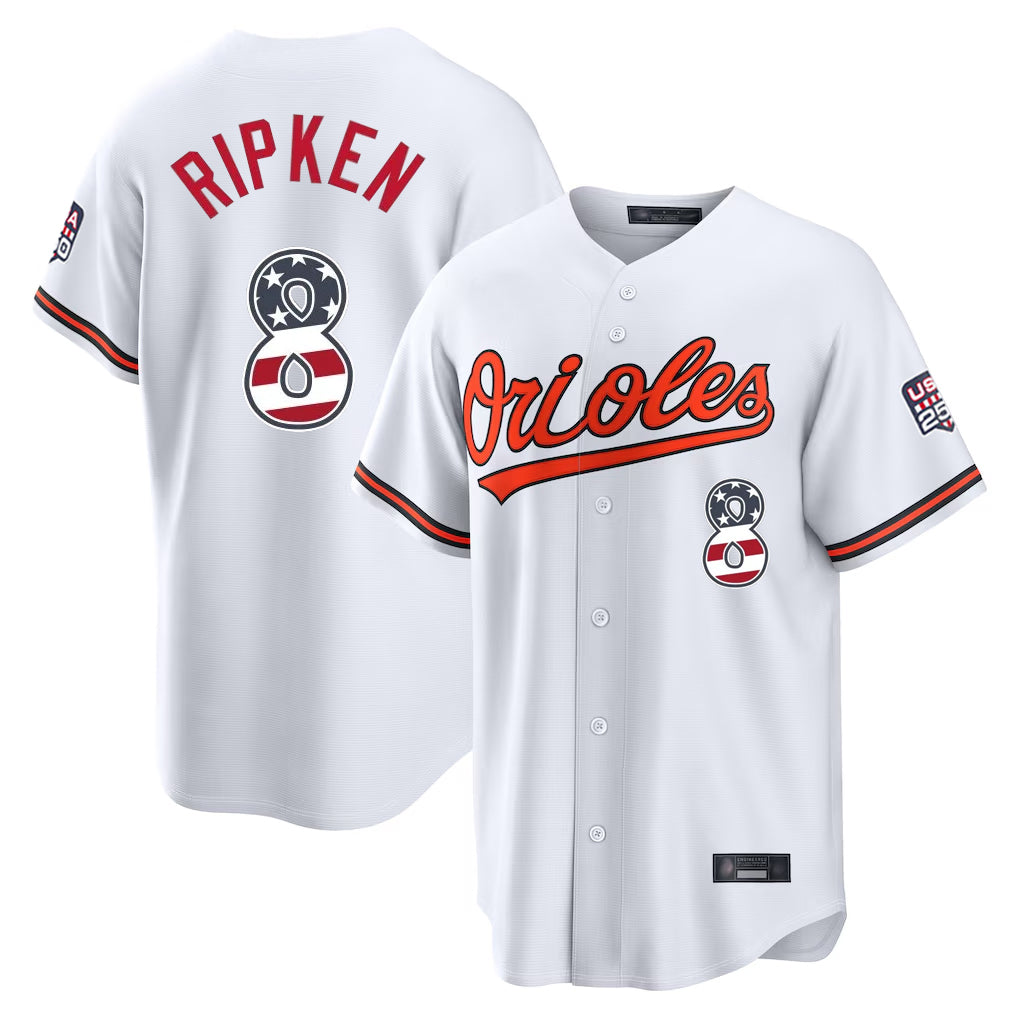 Choea B.Orioles #8 Cal Ripken Player White USA 250 Fourth of July Home Game Stitched Jerseys