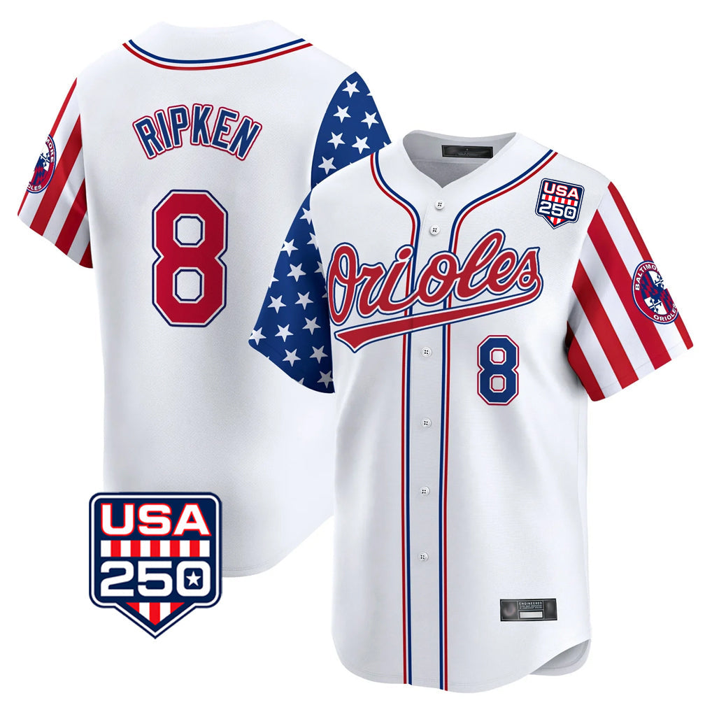 Choea B.Orioles #8 Cal Ripken Player White USA 250 Independence Day Vapor Premier Home Game Stitched Jerseys