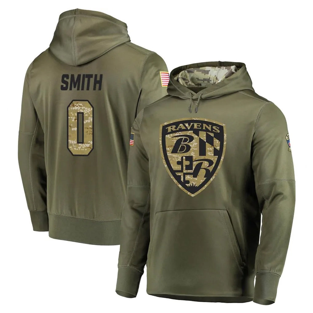 Choea B.Ravens #0 Roquan Smith Player Olive Salute to Service Pullover Hoodie Stitched Jerseys
