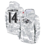 Choea B.Ravens #14 Kyle Hamilton Player Arctic Camo Salute to Service Pullover Hoodie Stitched Jerseys