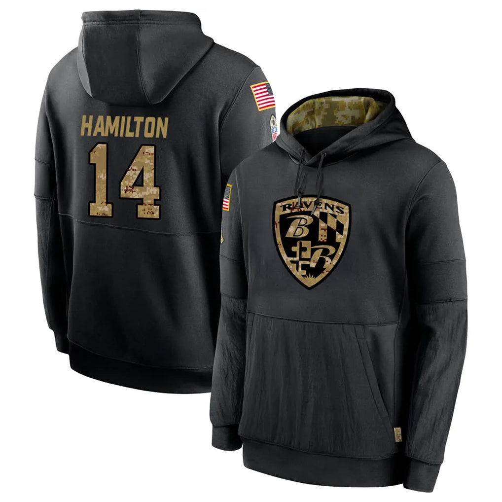 Choea B.Ravens #14 Kyle Hamilton Player Black Salute to Service Pullover Hoodie Stitched Jerseys