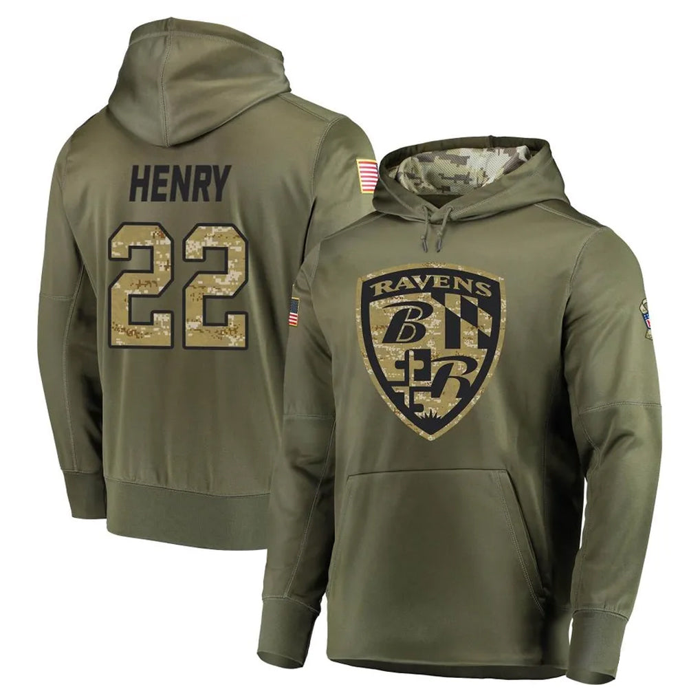 Choea B.Ravens #22 Derrick Henry Player Olive Salute to Service Pullover Hoodie Stitched Jerseys