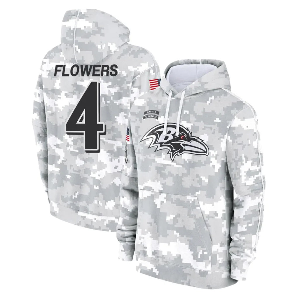 Choea B.Ravens #4 Zay Flowers Player Arctic Camo Salute to Service Pullover Hoodie Stitched Jerseys