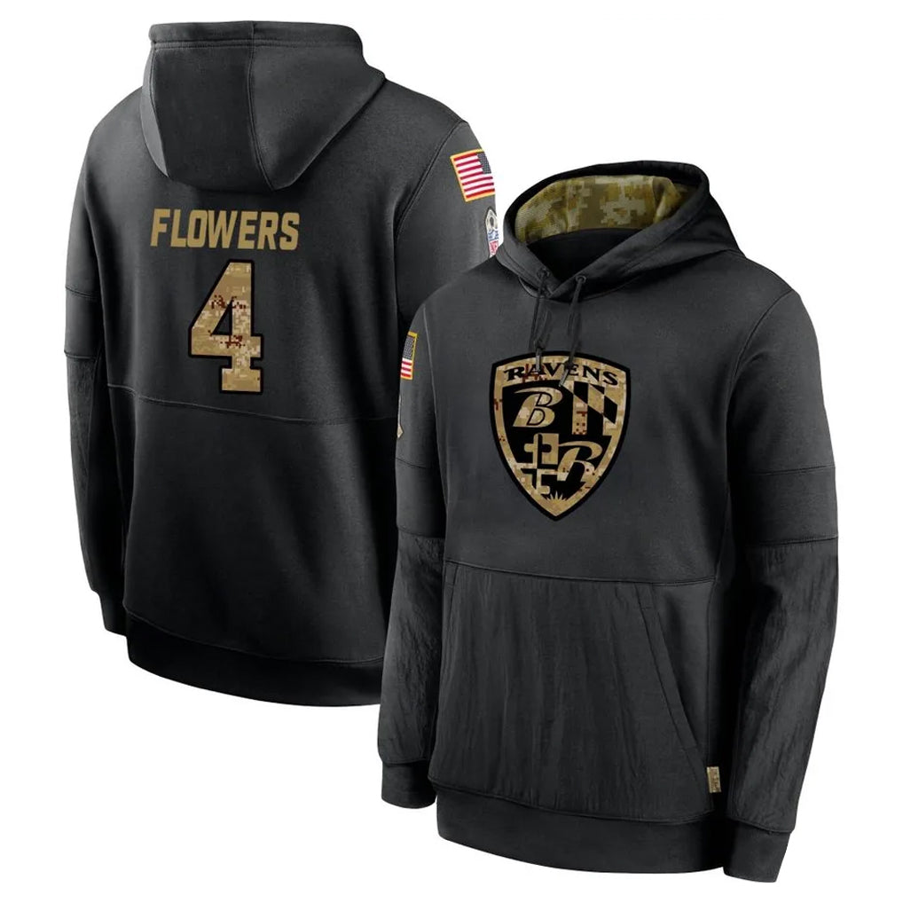 Choea B.Ravens #4 Zay Flowers Player Black Salute to Service Pullover Hoodie Stitched Jerseys