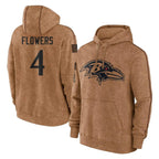 Choea B.Ravens #4 Zay Flowers Player Brown Salute to Service Pullover Hoodie Stitched Jerseys
