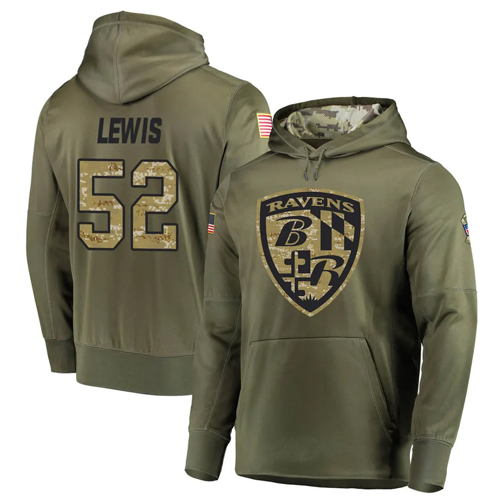Choea B.Ravens #52 Ray Lewis Player Olive Salute to Service Pullover Hoodie Stitched Jerseys