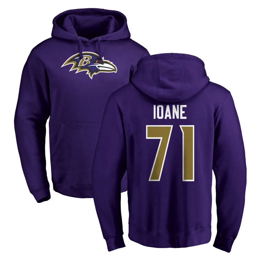 Choea B.Ravens #71 Olaivavega Ioane Player Purple Salute to Service Pullover Hoodie Stitched Jerseys