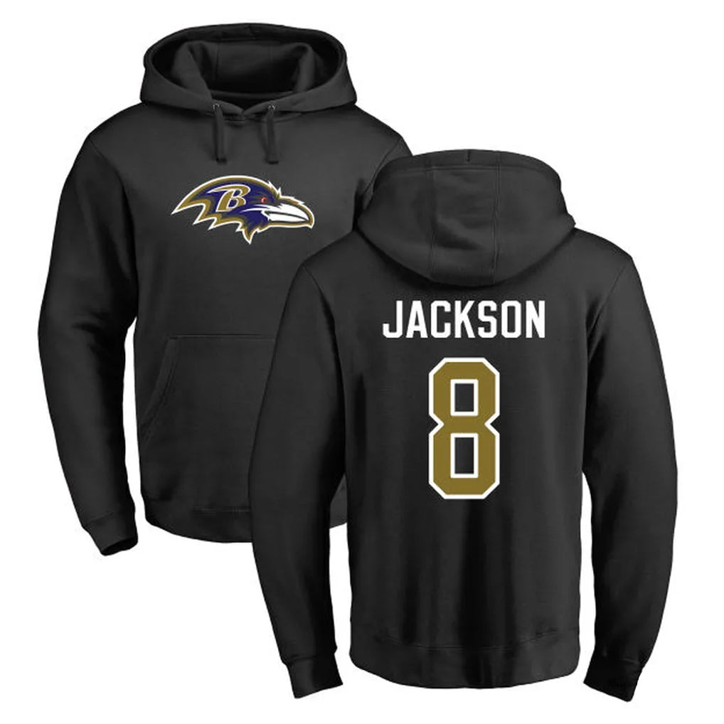 Choea B.Ravens #8 Lamar Jackson Player Black Pullover Hoodie Stitched Jerseys