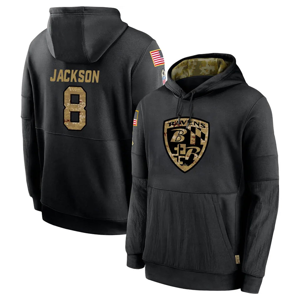 Choea B.Ravens #8 Lamar Jackson Player Black Salute to Service Pullover Hoodie Stitched Jerseys