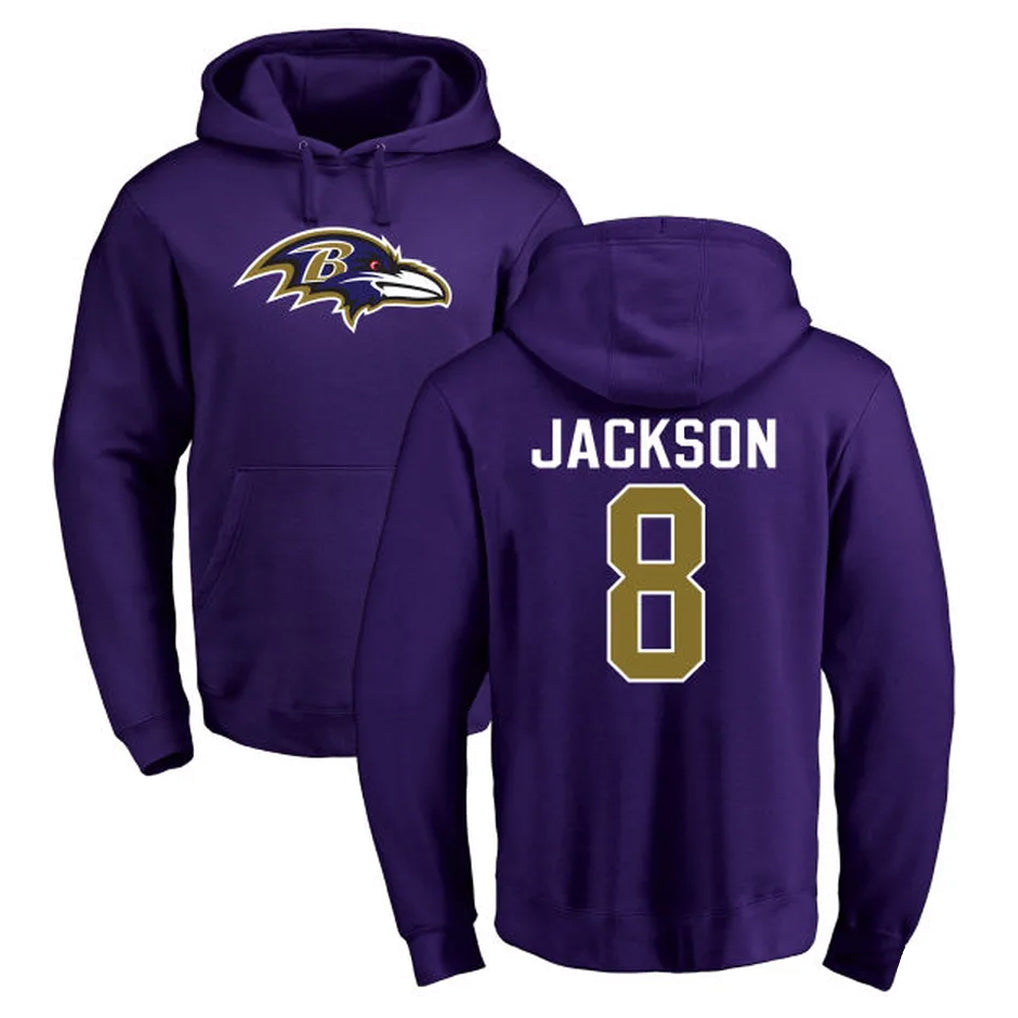 Choea B.Ravens #8 Lamar Jackson Player Purple Salute to Service Pullover Hoodie Stitched Jerseys