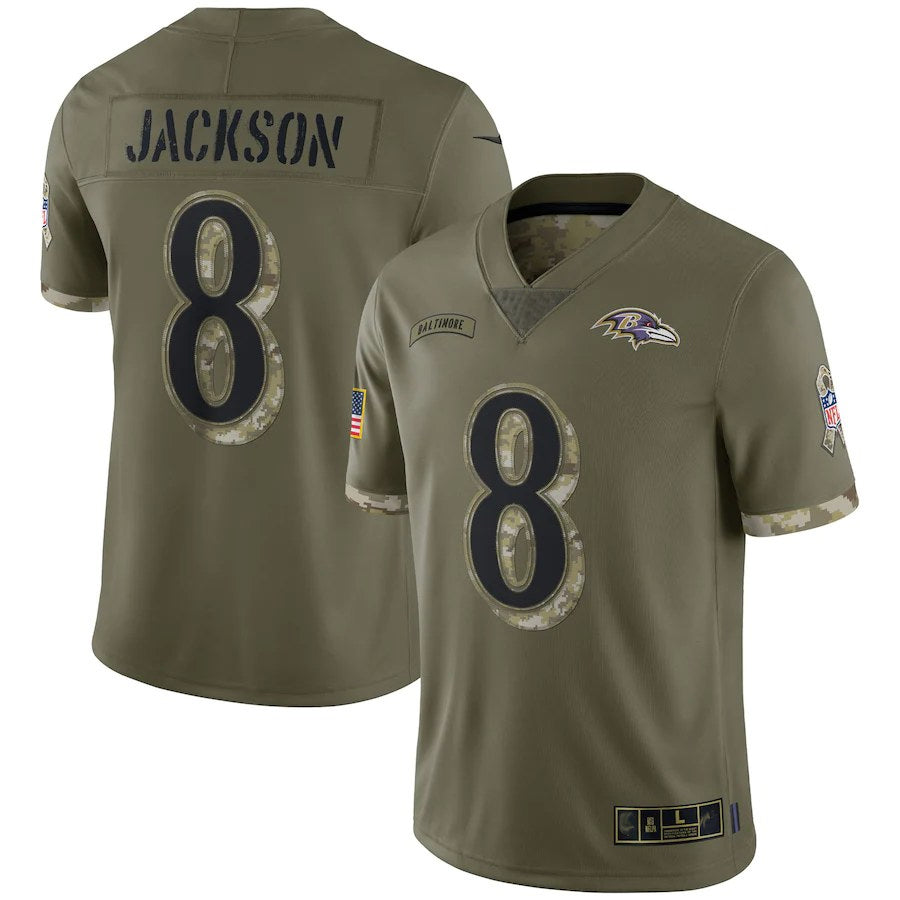 Choea B.Ravens #8 Lamar Jackson Player Olive Salute To Service Stitched Jerseys
