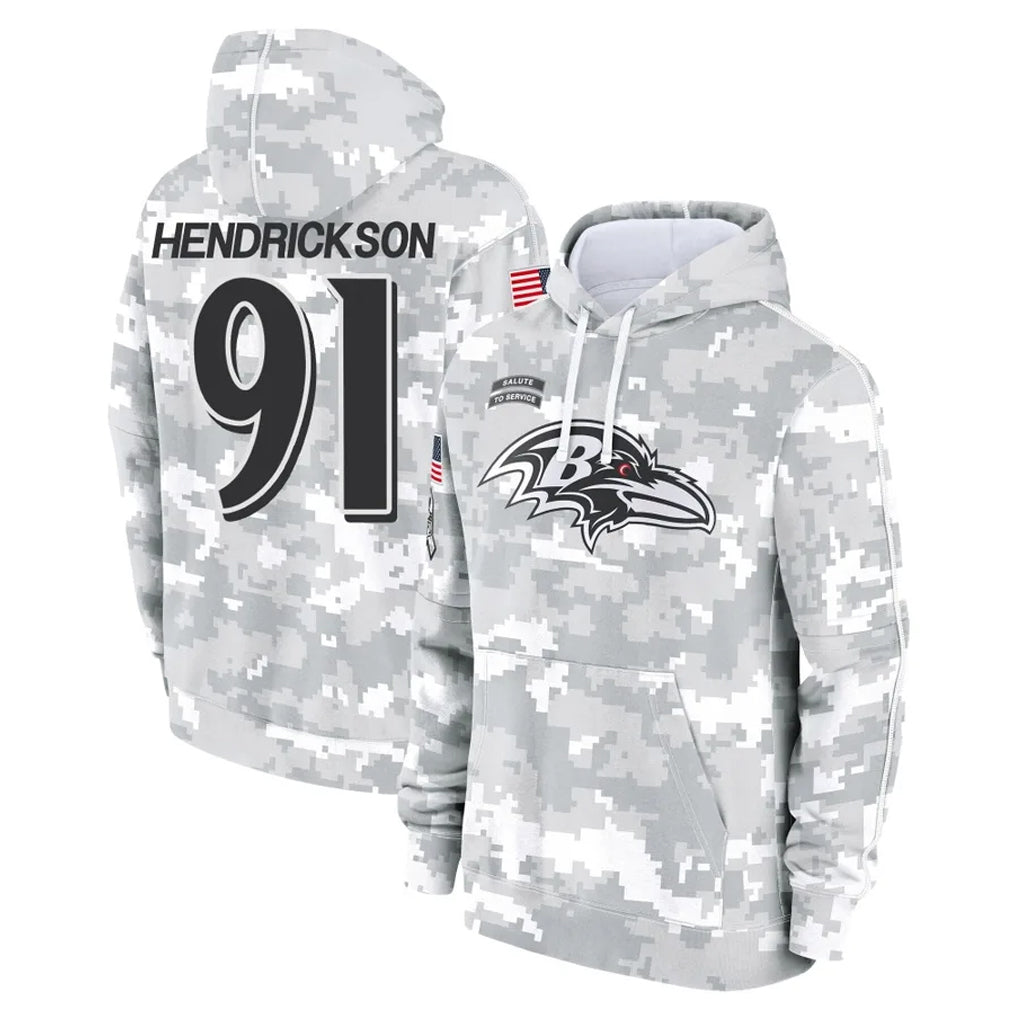 Choea B.Ravens #91 Trey Hendrickson Player Arctic Camo Salute To Service Hoodie Stitched Jerseys