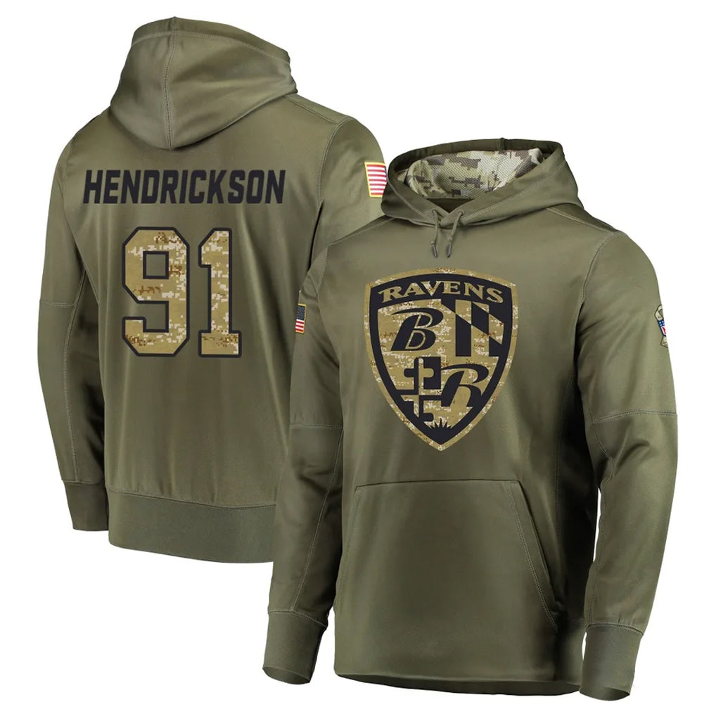 Choea B.Ravens #91 Trey Hendrickson Player Olive Salute to Service Pullover Hoodie Stitched Jerseys