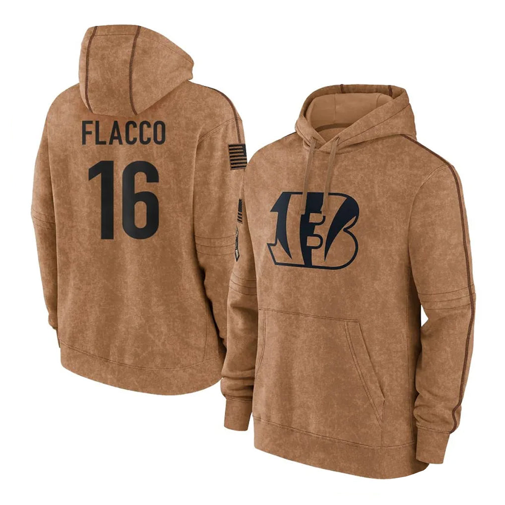 Choea C.Bengals #16 Joe Flacco Player Brown Salute to Service Pullover Hoodie Limited Stitched Jerseys