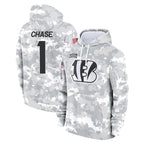 Choea C.Bengals #1 Ja'Marr Chase Player Arctic Camo Salute to Service Pullover Hoodie Limited Stitched Jerseys