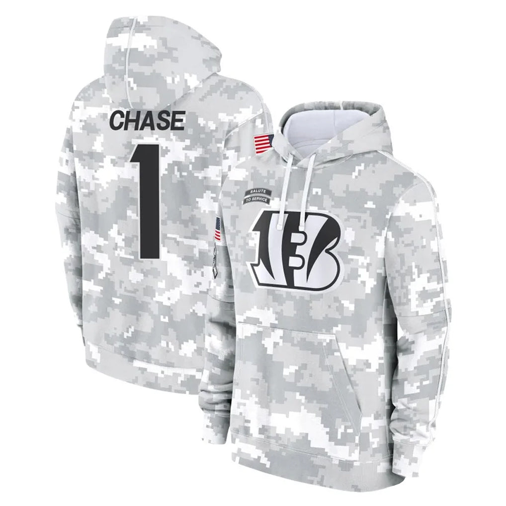 Choea C.Bengals #1 Ja'Marr Chase Player Arctic Camo Salute to Service Pullover Hoodie Limited Stitched Jerseys