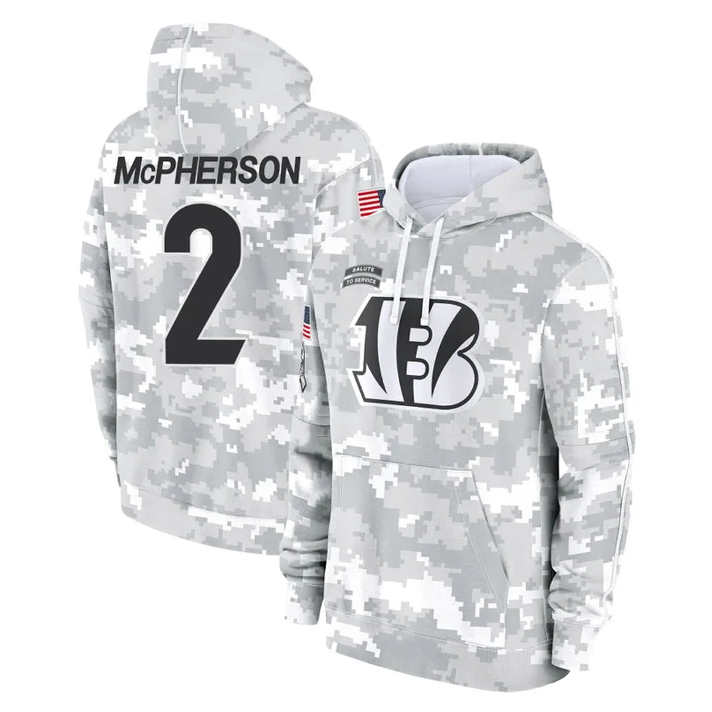 Choea C.Bengals #2 Evan McPherson Player Arctic Camo Salute to Service Pullover Hoodie Limited Stitched Jerseys
