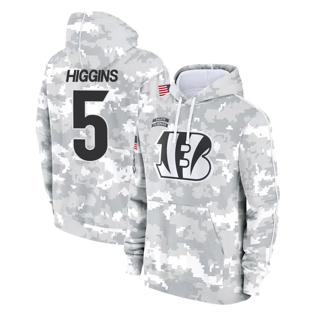 Choea C.Bengals #5 Tee Higgins Player Arctic Camo Salute to Service Pullover Hoodie Limited Stitched Jerseys