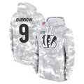 Choea C.Bengals #9 Joe Burrow Player Arctic Camo Salute to Service Pullover Hoodie Stitched Jerseys
