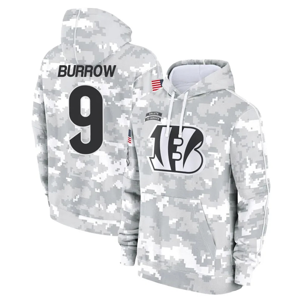 Choea C.Bengals #9 Joe Burrow Player Arctic Camo Salute to Service Pullover Hoodie Stitched Jerseys