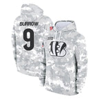 Choea C.Bengals #9 Joe Burrow Player Arctic Camo Salute to Service Pullover Hoodie Limited Stitched Jerseys